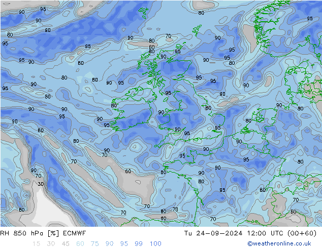 RH 850 hPa ECMWF Di 24.09.2024 12 UTC