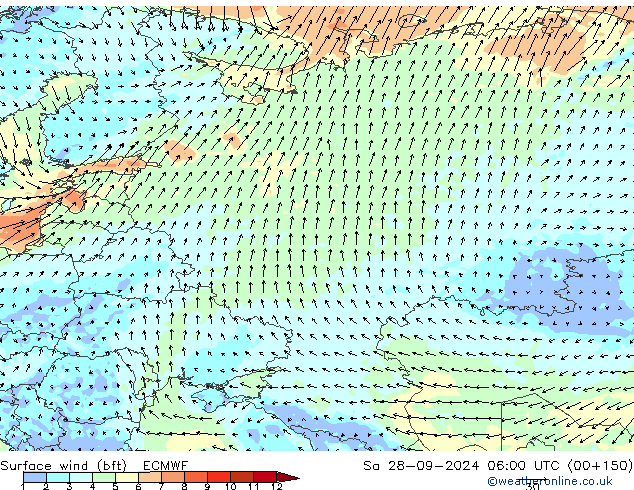 Rüzgar 10 m (bft) ECMWF Cts 28.09.2024 06 UTC