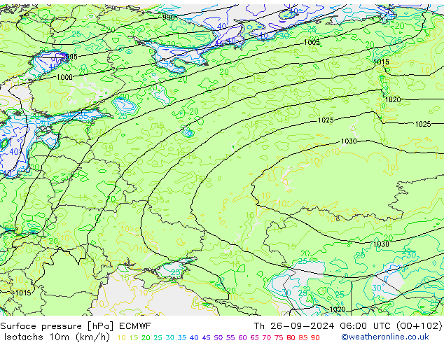 Isotachen (km/h) ECMWF do 26.09.2024 06 UTC