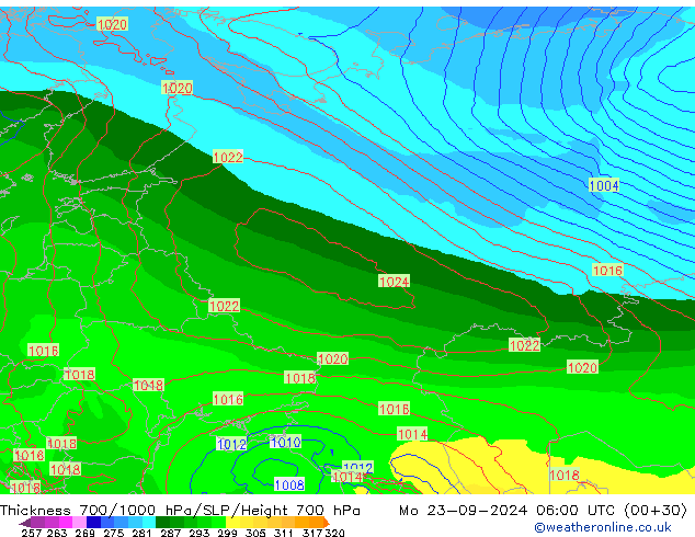 Schichtdicke 700-1000 hPa ECMWF Mo 23.09.2024 06 UTC