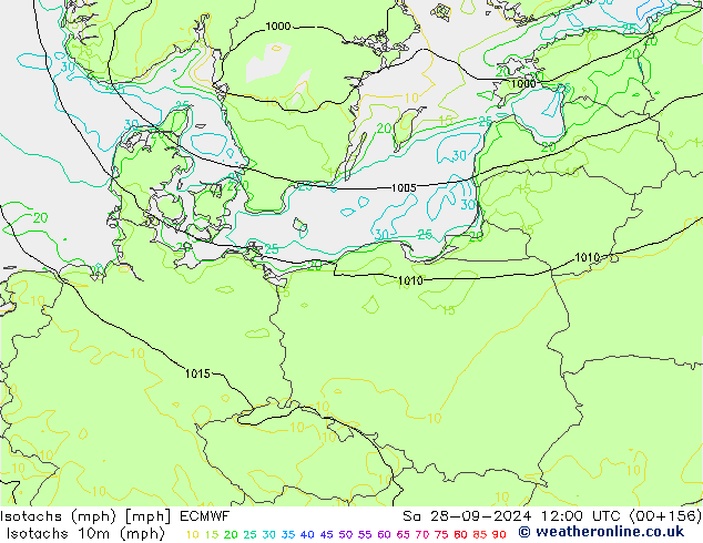 Isotachs (mph) ECMWF сб 28.09.2024 12 UTC