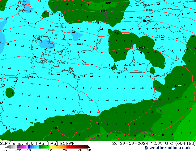 SLP/Temp. 850 hPa ECMWF dom 29.09.2024 18 UTC