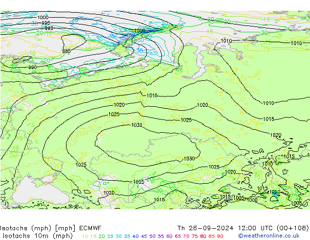 Isotachen (mph) ECMWF do 26.09.2024 12 UTC