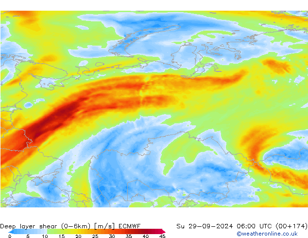 Deep layer shear (0-6km) ECMWF Su 29.09.2024 06 UTC