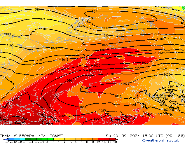 Theta-W 850hPa ECMWF nie. 29.09.2024 18 UTC