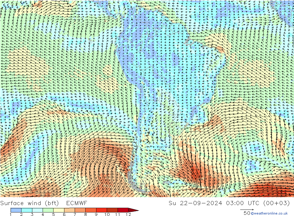 Vento 10 m (bft) ECMWF Dom 22.09.2024 03 UTC