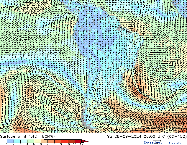 Wind 10 m (bft) ECMWF za 28.09.2024 06 UTC