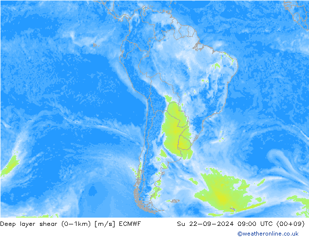 Deep layer shear (0-1km) ECMWF Su 22.09.2024 09 UTC