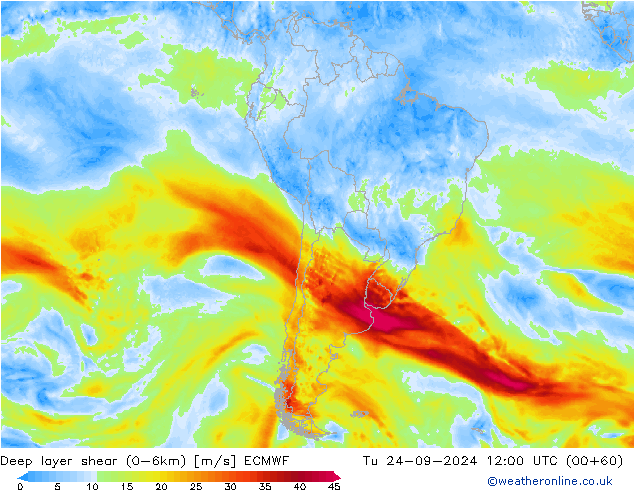 Deep layer shear (0-6km) ECMWF di 24.09.2024 12 UTC