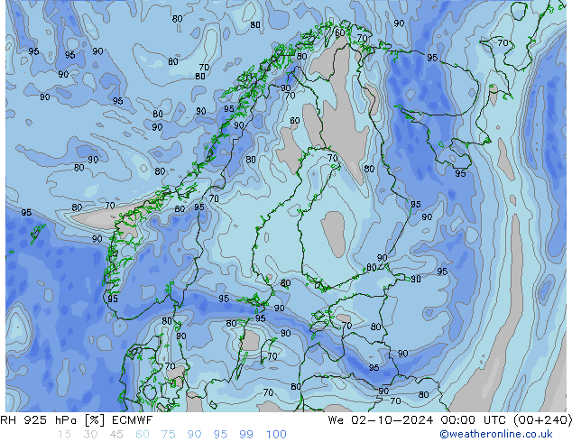 RH 925 hPa ECMWF We 02.10.2024 00 UTC