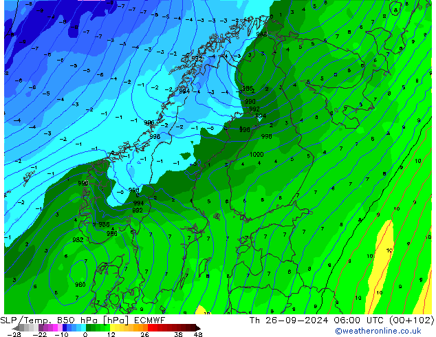 SLP/Temp. 850 hPa ECMWF Qui 26.09.2024 06 UTC