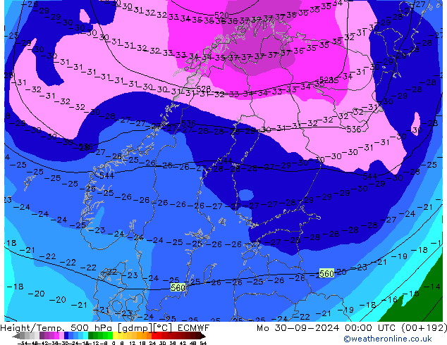 Z500/Yağmur (+YB)/Z850 ECMWF Pzt 30.09.2024 00 UTC