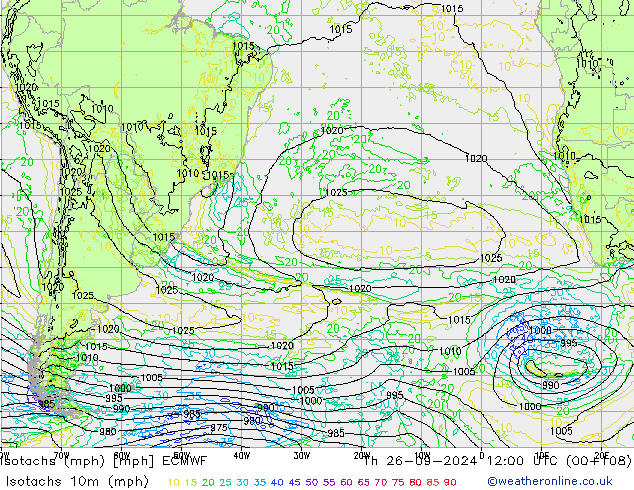 Isotachs (mph) ECMWF Th 26.09.2024 12 UTC