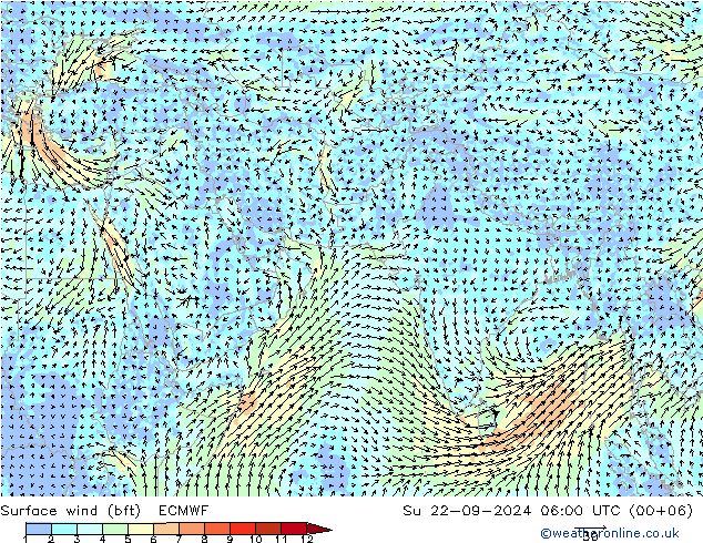 Surface wind (bft) ECMWF Su 22.09.2024 06 UTC