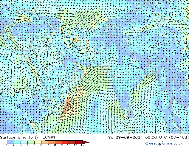 Surface wind (bft) ECMWF Su 29.09.2024 00 UTC