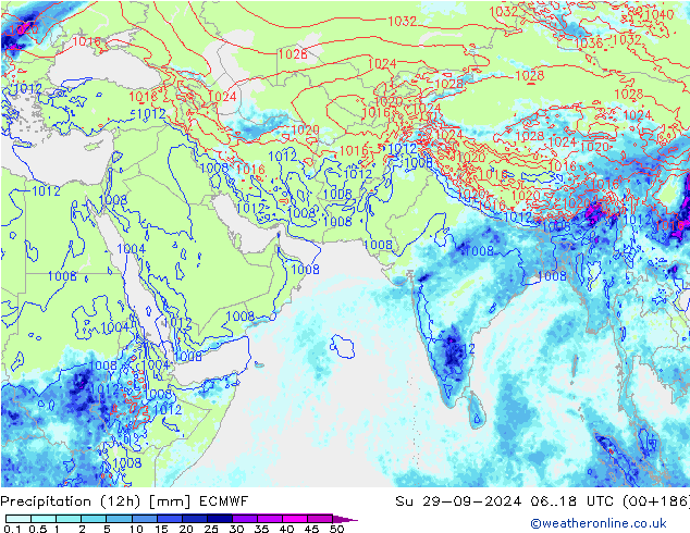 Totale neerslag (12h) ECMWF zo 29.09.2024 18 UTC