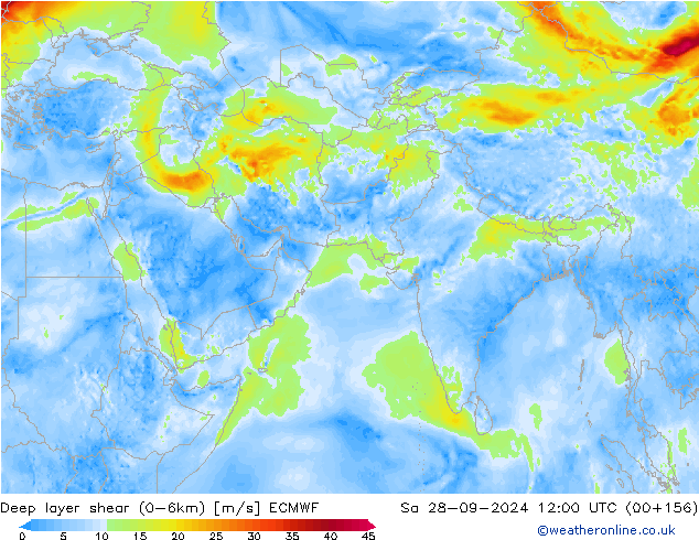 Deep layer shear (0-6km) ECMWF Cts 28.09.2024 12 UTC