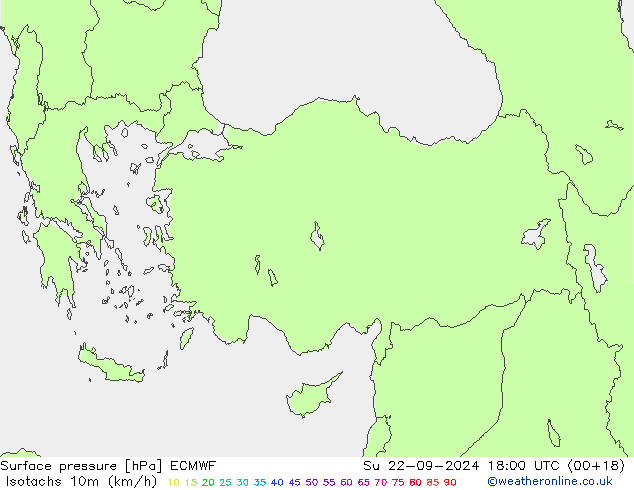 Isotachs (kph) ECMWF Su 22.09.2024 18 UTC