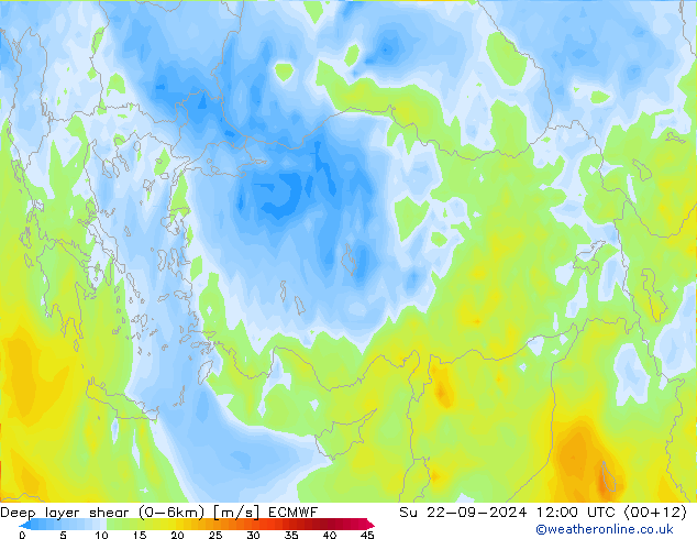 Deep layer shear (0-6km) ECMWF Su 22.09.2024 12 UTC