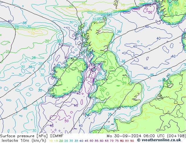 Isotachs (kph) ECMWF  30.09.2024 06 UTC