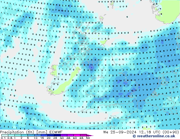 Totale neerslag (6h) ECMWF wo 25.09.2024 18 UTC