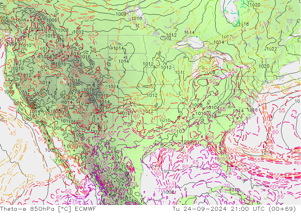 Theta-e 850гПа ECMWF вт 24.09.2024 21 UTC