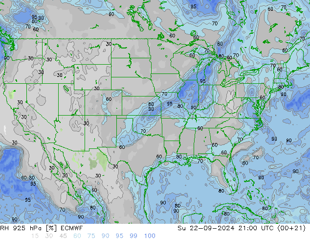 RH 925 hPa ECMWF So 22.09.2024 21 UTC