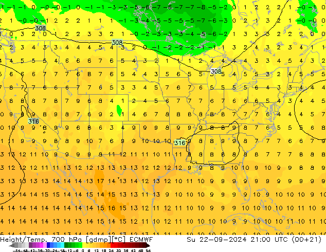 Height/Temp. 700 hPa ECMWF So 22.09.2024 21 UTC