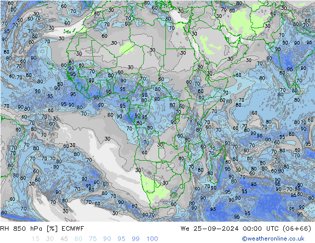 RH 850 hPa ECMWF mer 25.09.2024 00 UTC