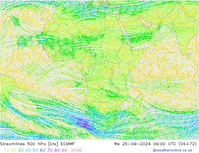 Linea di flusso 500 hPa ECMWF mer 25.09.2024 06 UTC