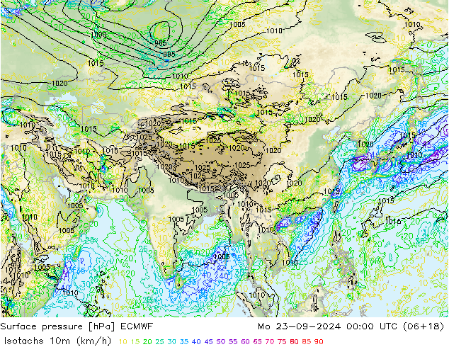 Isotachs (kph) ECMWF lun 23.09.2024 00 UTC