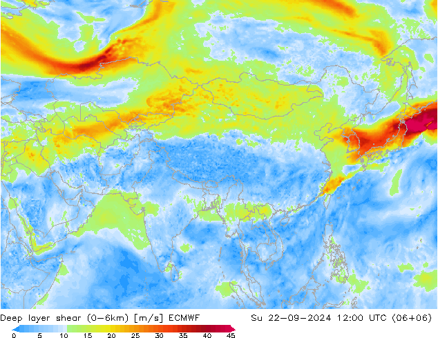 Deep layer shear (0-6km) ECMWF  22.09.2024 12 UTC