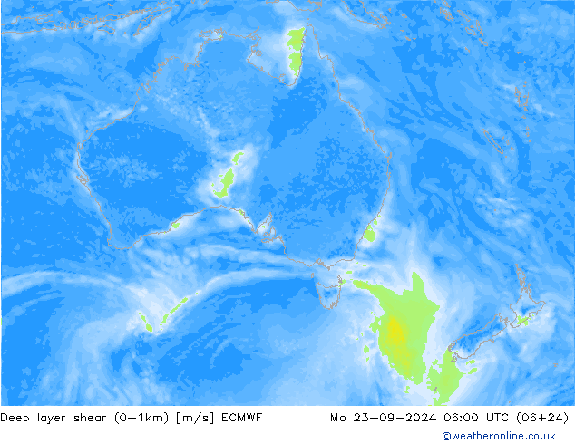 Deep layer shear (0-1km) ECMWF  23.09.2024 06 UTC