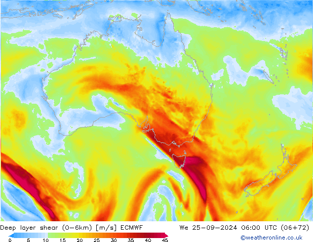 Deep layer shear (0-6km) ECMWF Qua 25.09.2024 06 UTC