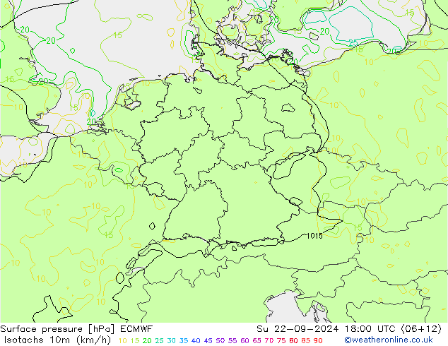 Isotachen (km/h) ECMWF So 22.09.2024 18 UTC