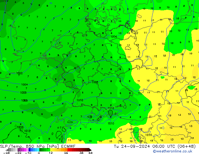 SLP/Temp. 850 hPa ECMWF Út 24.09.2024 06 UTC