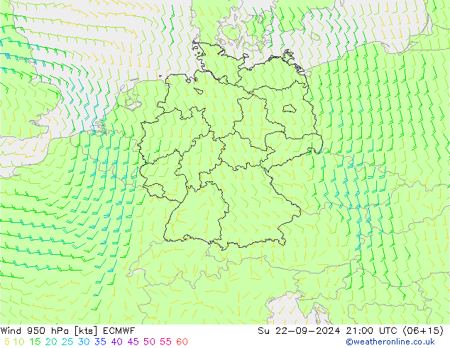 Rüzgar 950 hPa ECMWF Paz 22.09.2024 21 UTC