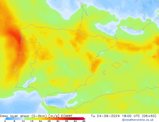 Deep layer shear (0-6km) ECMWF di 24.09.2024 18 UTC