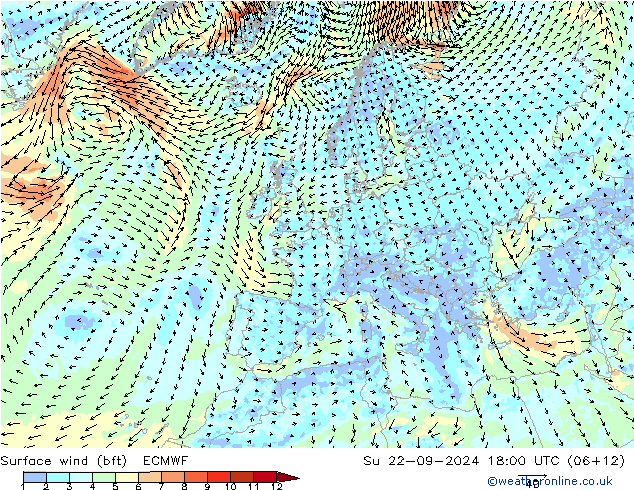 Bodenwind (bft) ECMWF So 22.09.2024 18 UTC