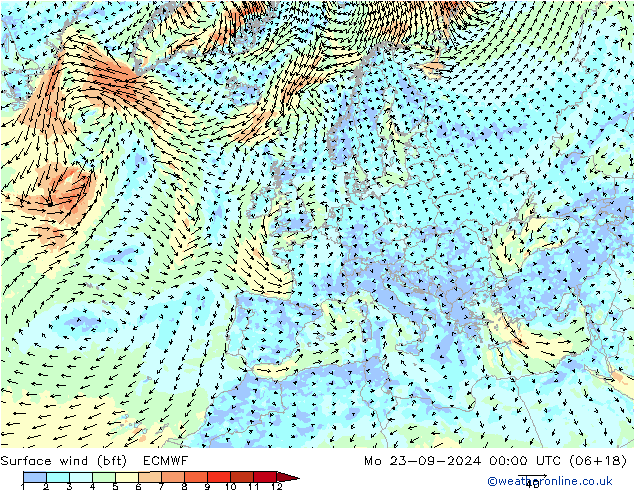  10 m (bft) ECMWF  23.09.2024 00 UTC