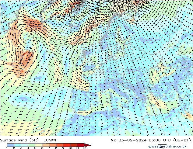 Surface wind (bft) ECMWF Mo 23.09.2024 03 UTC