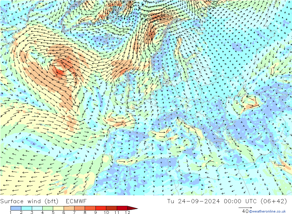 Bodenwind (bft) ECMWF Di 24.09.2024 00 UTC