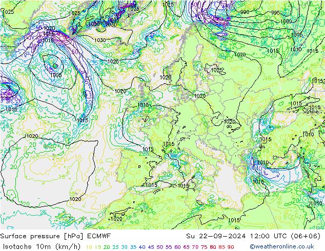 Isotachs (kph) ECMWF dom 22.09.2024 12 UTC