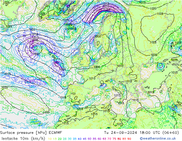 Isotachs (kph) ECMWF mar 24.09.2024 18 UTC