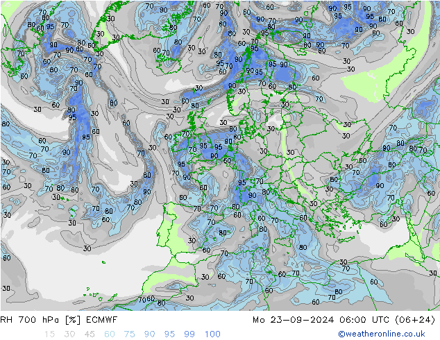 Humedad rel. 700hPa ECMWF lun 23.09.2024 06 UTC