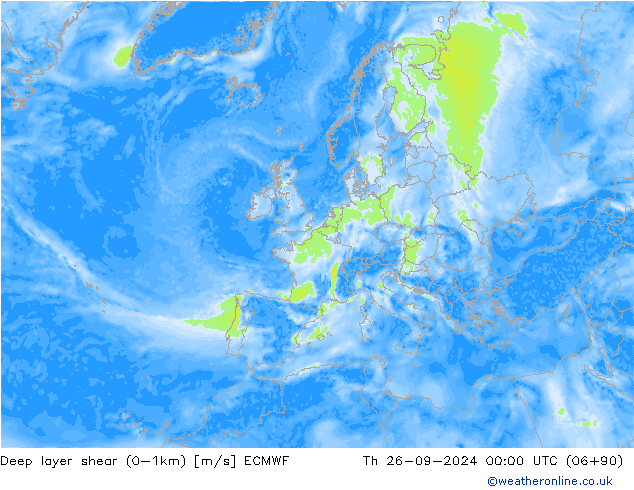 Deep layer shear (0-1km) ECMWF gio 26.09.2024 00 UTC