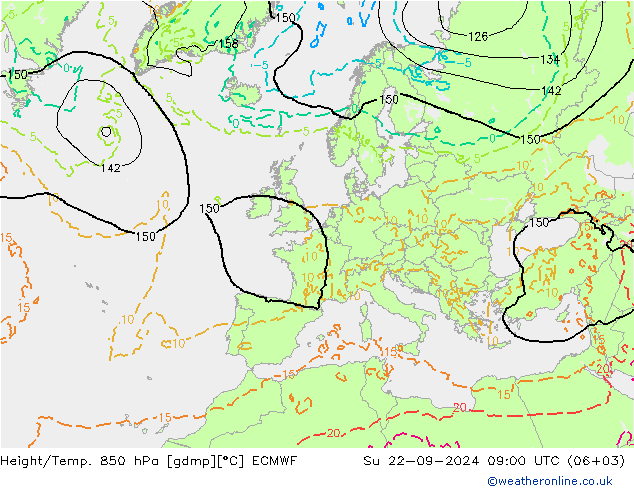 Geop./Temp. 850 hPa ECMWF dom 22.09.2024 09 UTC