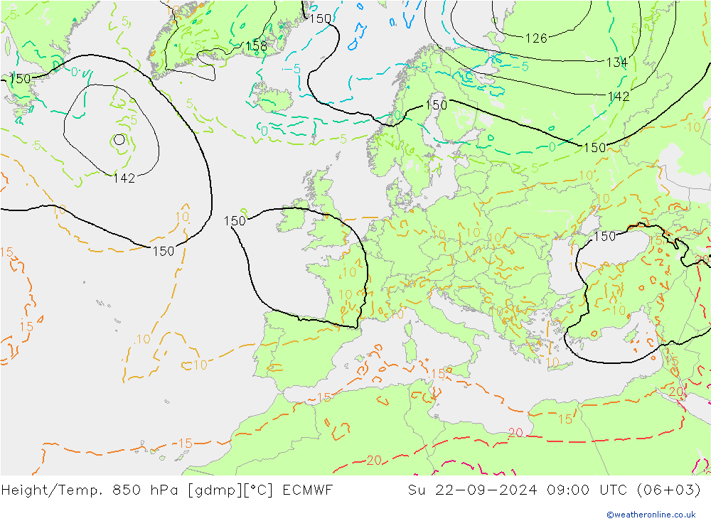 Hoogte/Temp. 850 hPa ECMWF zo 22.09.2024 09 UTC