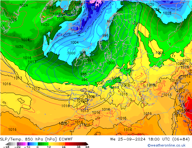 SLP/Temp. 850 hPa ECMWF Mi 25.09.2024 18 UTC