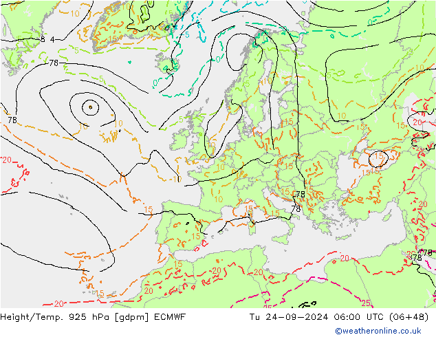 Height/Temp. 925 hPa ECMWF Di 24.09.2024 06 UTC